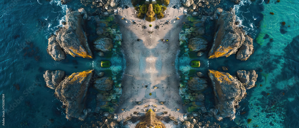 Aerial drone shot top-down bird's eye view, mirror image, rugged ocean, beach, coastline, symmetrical vibrant eco nature background, isolated, abstract organic nature-inspired natural textures banner