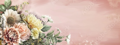 Floral banner  cover or header with vintage bouquets. Yellow peony  gerbera  roses isolated on pink background. 