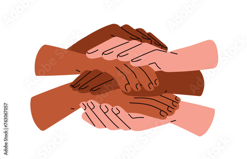 Diverse hands stack, pile of people group, international team, partners together. Unity, multi-ethnic partnership, trust, support concept. Flat vector illustration isolated on white background © Good Studio