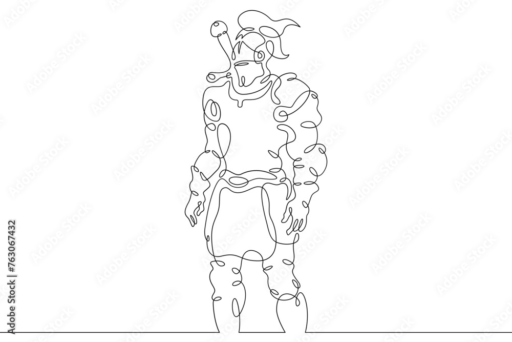 Medieval knight. Fantasy hero in heavy armor. Warrior in combat attire. One continuous line . Line art. Minimal single line.White background. One line drawing.