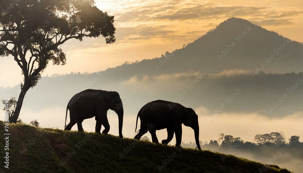 Fototapeta premium Silhoutte of elephants walking throught the hill