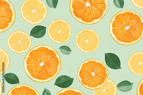 vintage tropical summer background with fresh orange fruits illustration