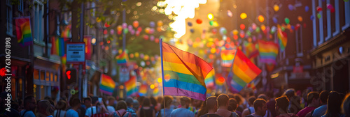 Artistic Expressions of Pride Exploring Shaped Canvases in Flag Waving at Pride Parade, 2023 Pride Month Respect gender diversity with rainbow flags 
