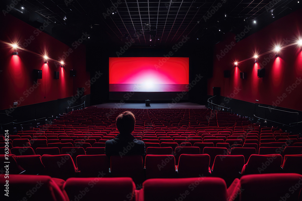 Obraz premium Cinema blank wide screen and people in red chairs in the cinema hall. Blurred People silhouettes watching movie performance
