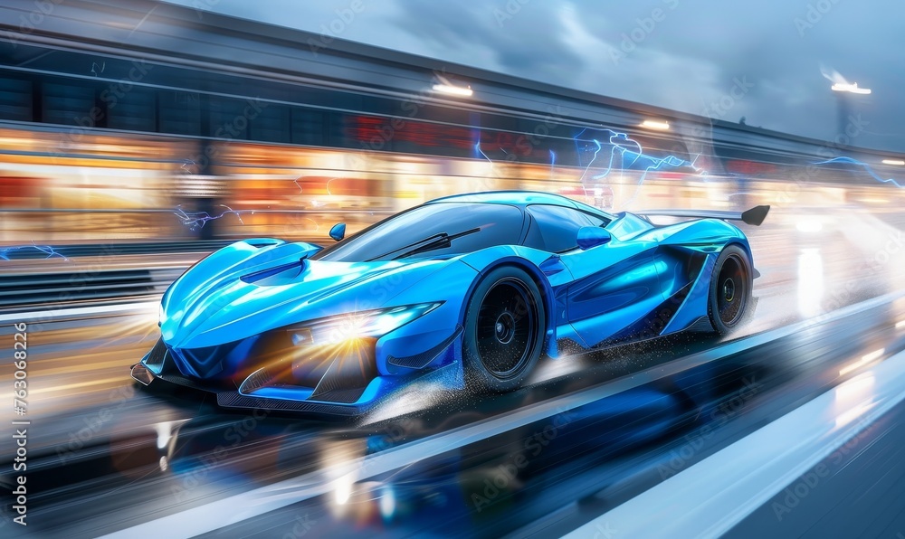 Obraz premium A blue race car speeds on a wet road with tires splashing water