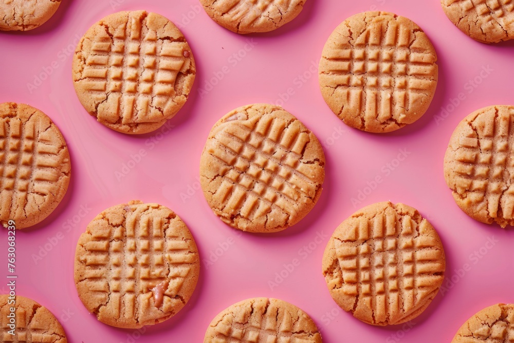 Homemade peanut butter cookies - one with a bite mark - arranged in a grid on a magenta background. Homemade peanut butter cookies - one with a bite mark - arranged in a grid on a magenta background.