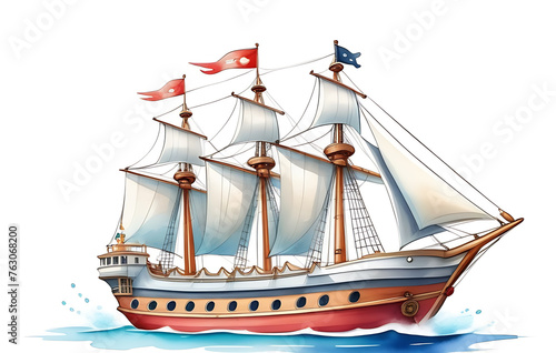 Illustration of a frigate ship with sails on a light background