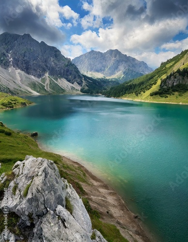 Fototapeta Naklejka Na Ścianę i Meble -  A calm blue mountain lake reflects the snow-capped peaks and fluffy white clouds of a scenic summer landscape