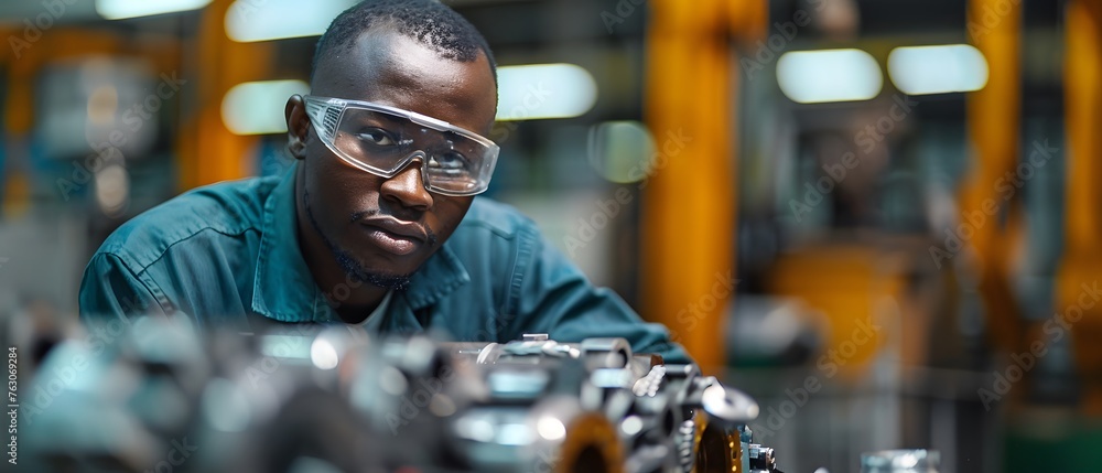 Illustration of a young man wearing a uniform and safety glasses working with machines can be used to make safety campaign posters or included in an article about the automobile mechanic profession.
