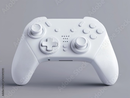 Close-up of a sleek white game controller against a gray backdrop, symbolizing gaming and technology.