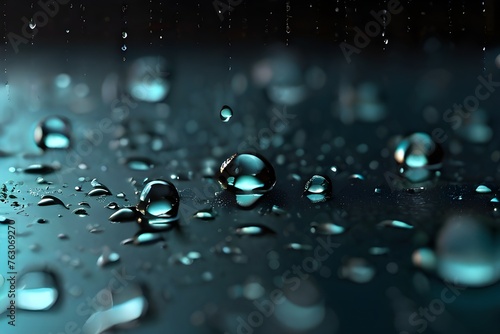 Condensation water drops on black glass background. Rain droplets with light reflection on dark window surface, abstract wet texture, scattered pure aqua blobs pattern Realistic 3d vector Generative A photo