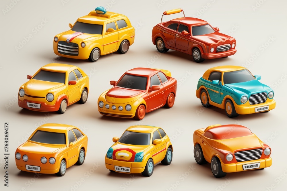 Collection of brightly colored kids toy cars icons on clean white background for playtime and fun