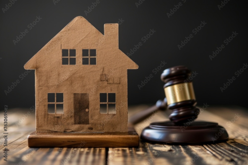 Housing reference judgment concept with house cutout and gavel on wooden table and black isolated background. Front view Housing reference judgment concept with house cutout and gavel on wooden table and black isolated background. Front view