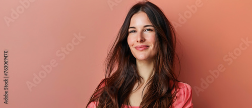 Wallpaper Mural half-length photo, smiling mid age fashion woman, long hair, modern clothes, solid color background, with empty copy space Torontodigital.ca