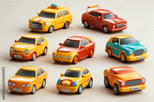 Collection of brightly colored kids toy cars icons on clean white background for playtime and fun