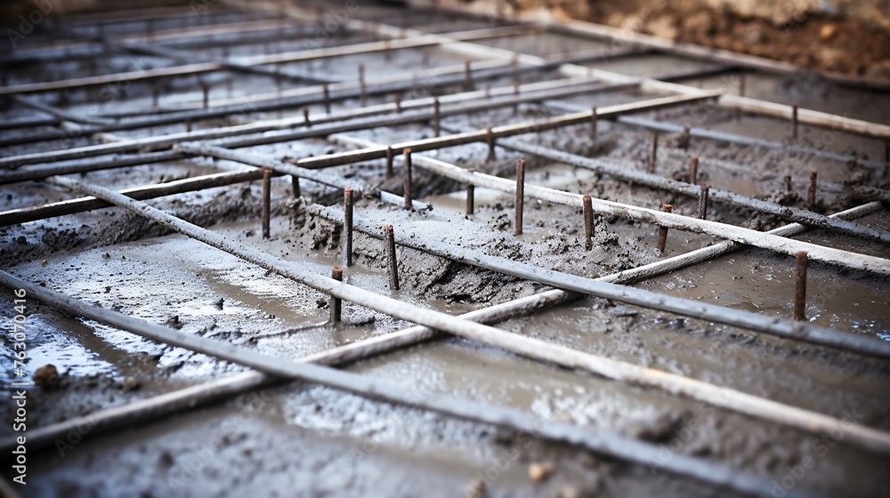 The wet concrete poured on a steel reinforcement bar