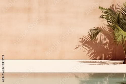 A serene minimalist scene with palm tree shadows cast on a textured pastel wall beside a calm pool.