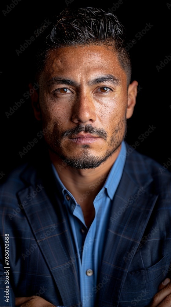 A young Native American tech entrepreneur, in a suit blending modernity with cultural motifs, a leader of the new age A young Native American tech entrepreneur, in a suit blending modernity with cultural motifs, a leader of the new age