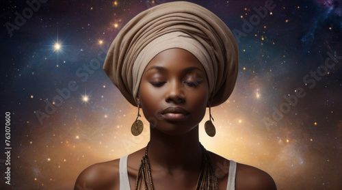 Portrait of young beautiful woman wearing headscarf and meditates against a backdrop of starry space, concept of spirituality, meditation and cosmic unity.