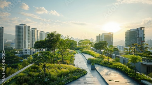 Vibrant rooftop garden with diverse plants against a backdrop of urban high-rise buildings