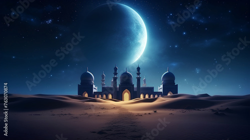 islamic ramadan background  eid al fitri  iftar  eid al adha  beautiful mosque and lantern background. camel in the middle of the desert with mosque