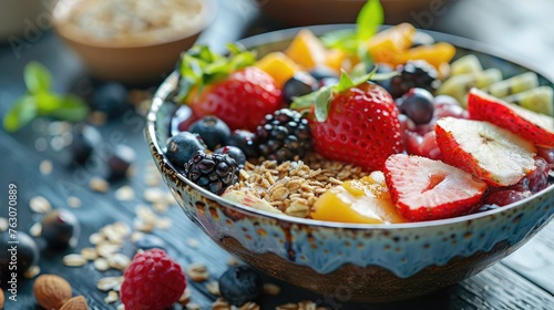 Close-up of a colorful acai bowl with fresh berries, banana, and granola on a sunny table