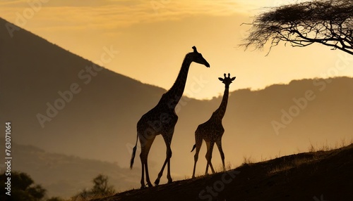 Silhoutte of giraffes walking throught the hill  evening time  dark 