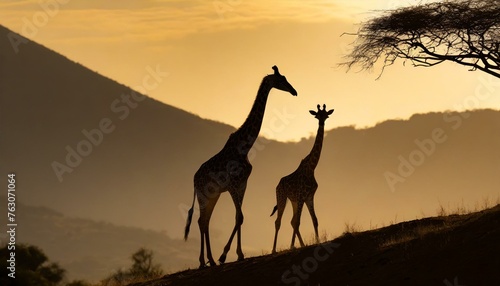 Silhoutte of giraffes walking throught the hill, evening time, dark 