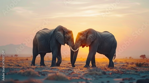 African elephants facing each other at sunset  wildlife concept.