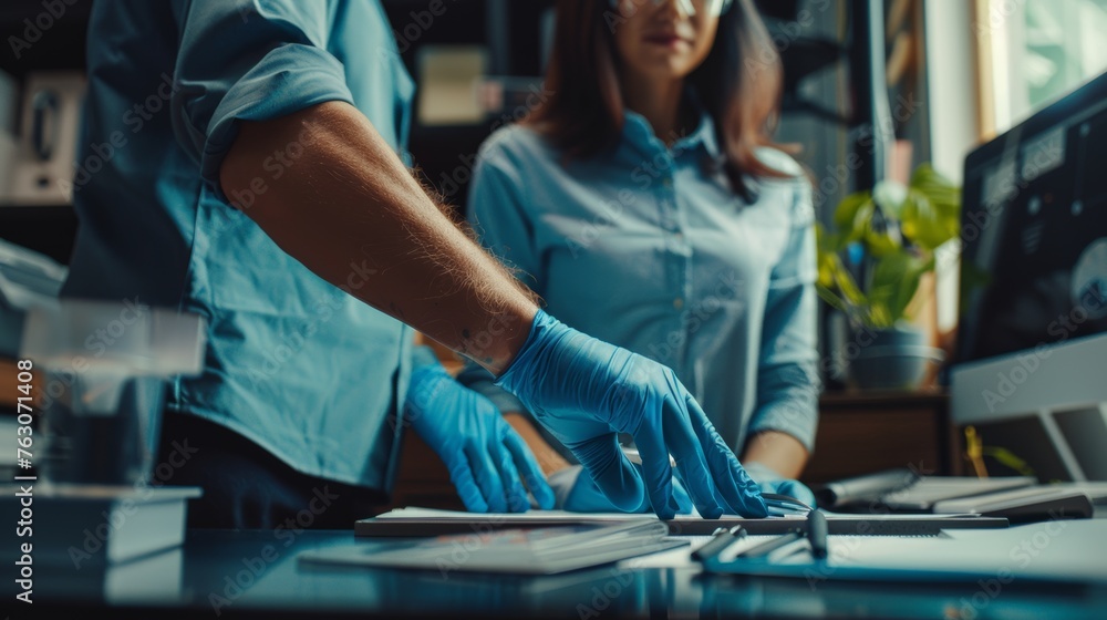 Team of researchers with blue gloves examining documents in laboratory. Team of researchers with blue gloves examining documents in laboratory.