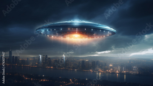 UFO saucer with futuristic design flying over night