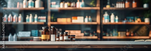 Elegant pharmacy shelves with variety of medicine bottles, health care products in the background, modern medical store.