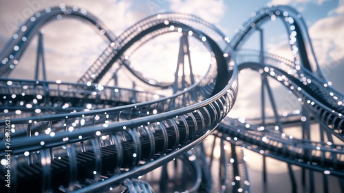 Intricate metal roller coaster tracks with curves and loops, for amusement park or thrill ride themed designs.