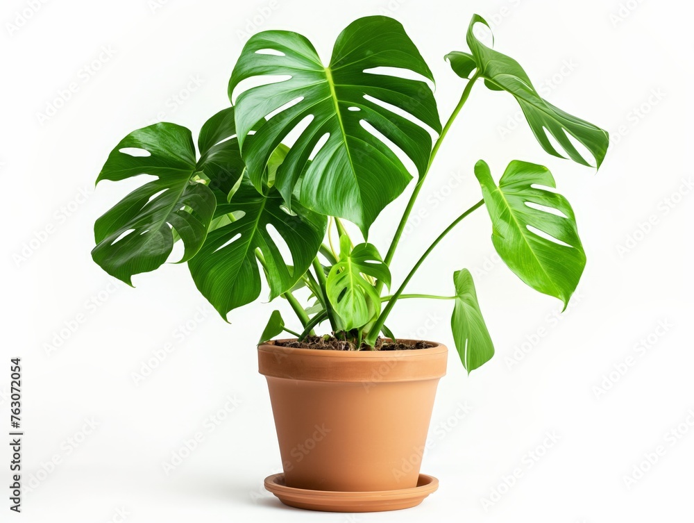 A vibrant Monstera plant with large, perforated leaves in a terracotta pot against a white background.
