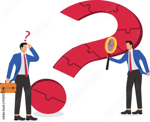 Team problems, reorganization problems, partners, solutions, isometric piles of scattered puzzle pieces, question marks and businessmen