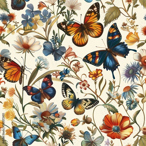 A captivating wallpaper pattern with a variety of colorful butterflies fluttering amidst flowers , tile