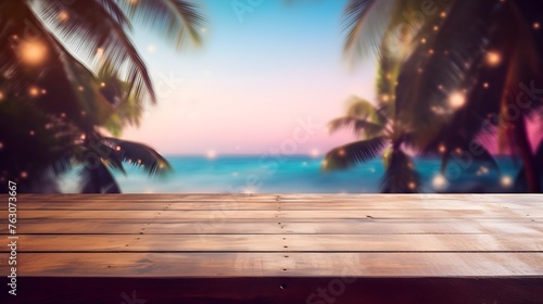 wooden table set against a blurred tropical beach paradise at sunset, with bokeh lights and the silhouette of palm trees creating a tranquil and inviting backdrop © Maria Shchipakina