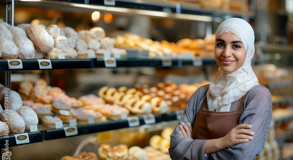 A young, smiling woman wearing a hijab stands confidently in a bakery, with an array of delicious pastries in the background