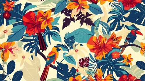 Seamless pattern tropical rainforests with colourful birds and flowers