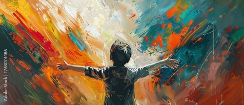 Courage  Resilience Paint a picture of courage and resilience with bold strokes and vibrant colors in a 2D illustrate featuring a brave young boy facing adversity photo