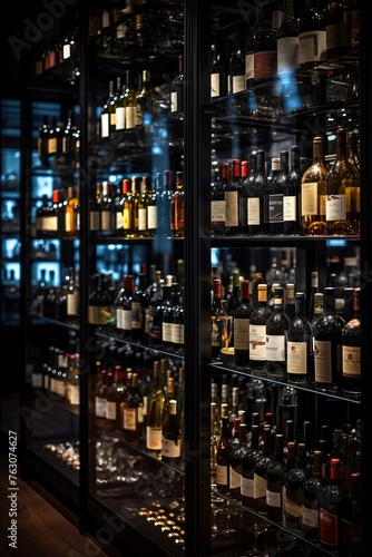 A contemporary wine cellar showcasing an impressive collection of bottles behind glass walls with LED lighting