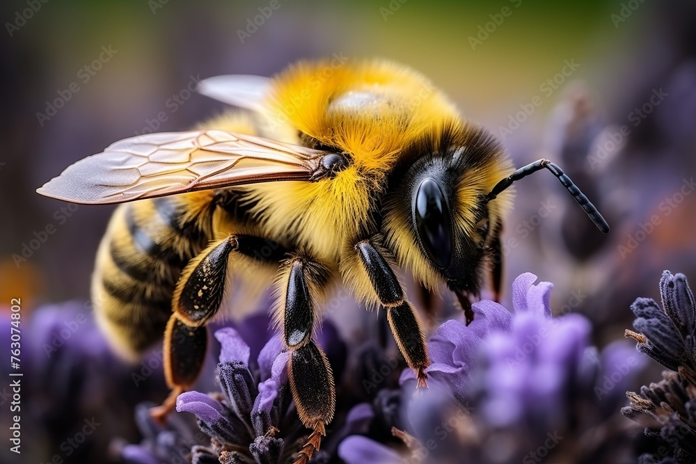 A detailed macro shot of a bumblebee gathering nectar from a vibrant flower, showing intricate details of the bee and the flower petals A detailed macro shot of a bumblebee gathering nectar from a vibrant flower, showing intricate details of the bee and the flower petals