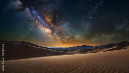 Photoreal 3D Product Presentation theme as Galactic Silence Concept As A vast desert with the Milky Way arching overhead providing a sense of solitude and wonder, Full depth of field, clean light, hig