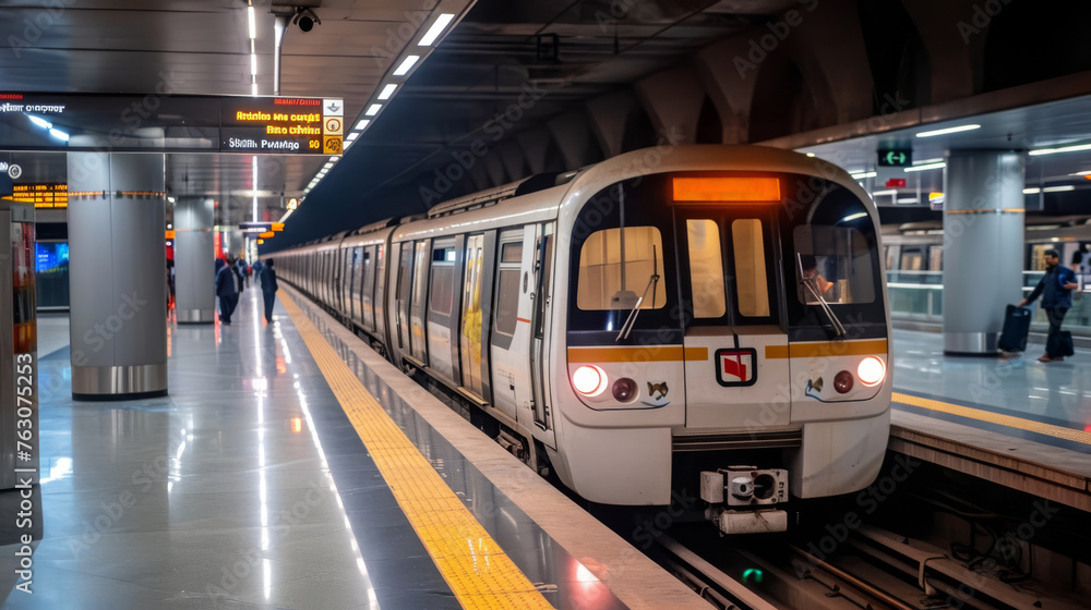 A pristine white train glides into the metro station, its sleek form and bright exterior signaling its arrival to waiting passengers on the platform.
