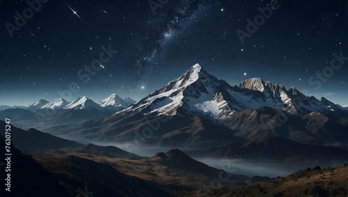 Photoreal 3D Product Presentation theme as Midnight Majesty Concept As A panoramic view of a mountain range under a sky glittering with constellations and a meteor shower, Full depth of field, clean l