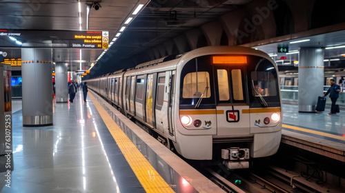 A pristine white train glides into the metro station, its sleek form and bright exterior signaling its arrival to waiting passengers on the platform. photo