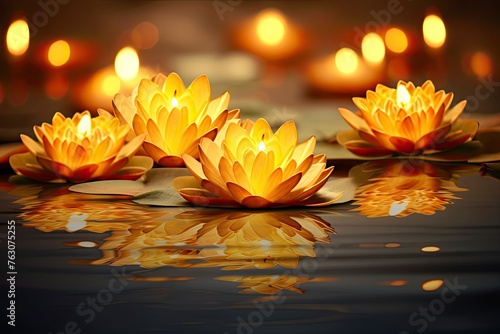 Lotus vesak lanterns floating on water with light reflection and copy space - generative ai
