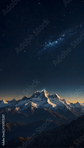 Photoreal 3D Product Presentation theme as Midnight Majesty Concept As A panoramic view of a mountain range under a sky glittering with constellations and a meteor shower, Full depth of field, clean l