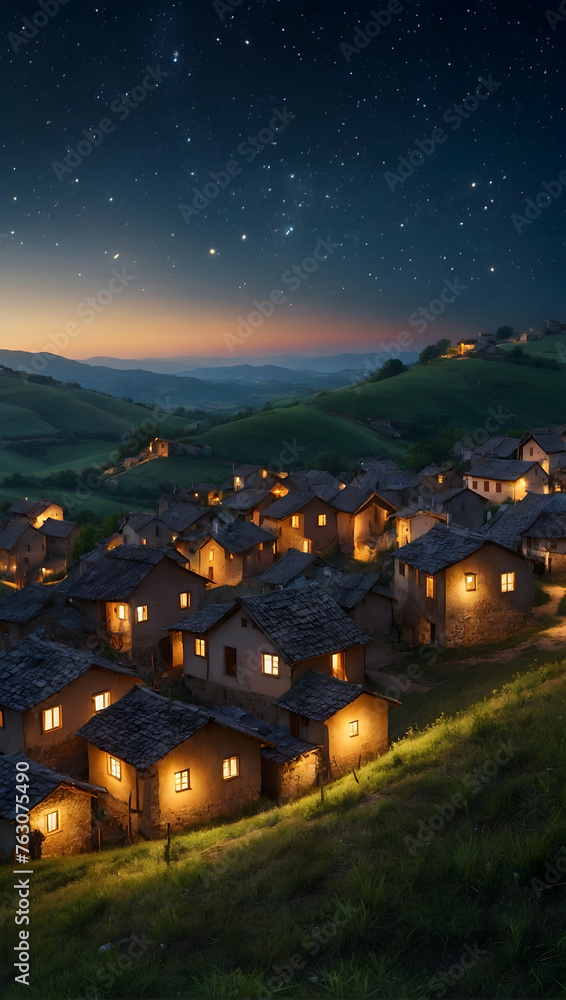 Photoreal as Celestial Dreams Concept As A sleepy hilltop village with homes lit by lanterns under a sky alive with shooting stars, Full depth of field, clean light, high quality ,include copy space, 