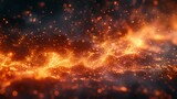An explosion of fiery red sparks in the night sky rises from a large fire in the sky. An abstract background containing fiery orange glowing particles flying away against a black background.